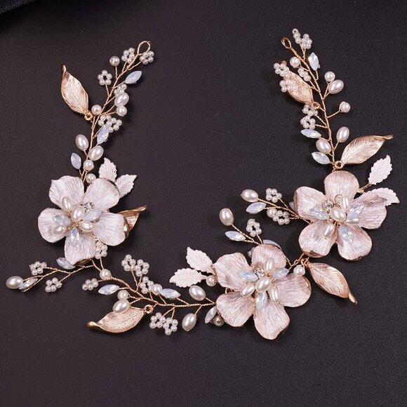 Women\'s Gold Flower Pearls Leaves Headband Bridal Wedding Hair Accessories main image 5